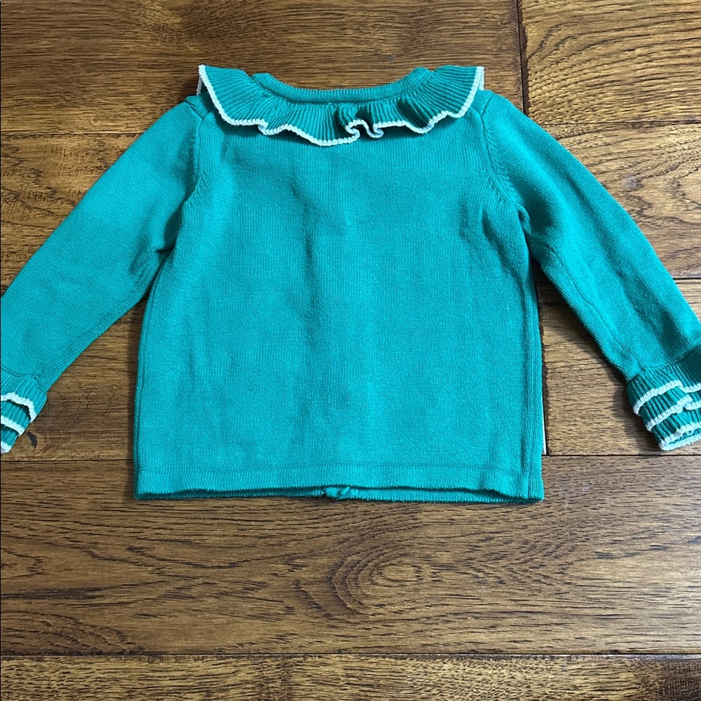 Janie and Jack Green and White Ruffle Trim Cardigan - Picture 2 of 3